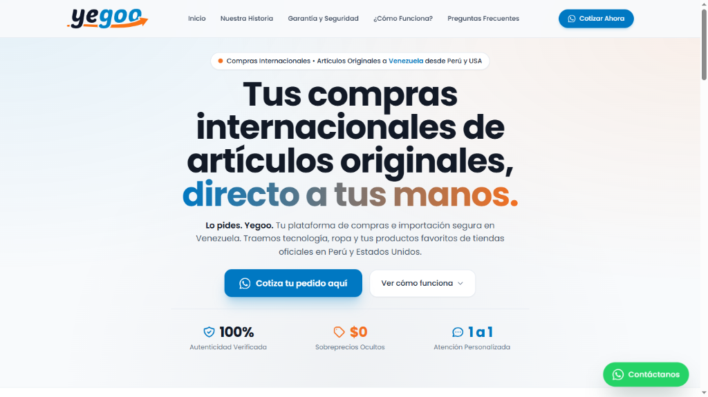 Yegoo Landing Page Desktop - Propuesta de valor y llamado a cotizar