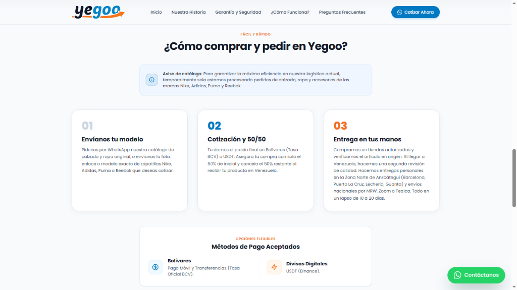Yegoo Landing Page - Proceso en 3 pasos y métodos de pago aceptados