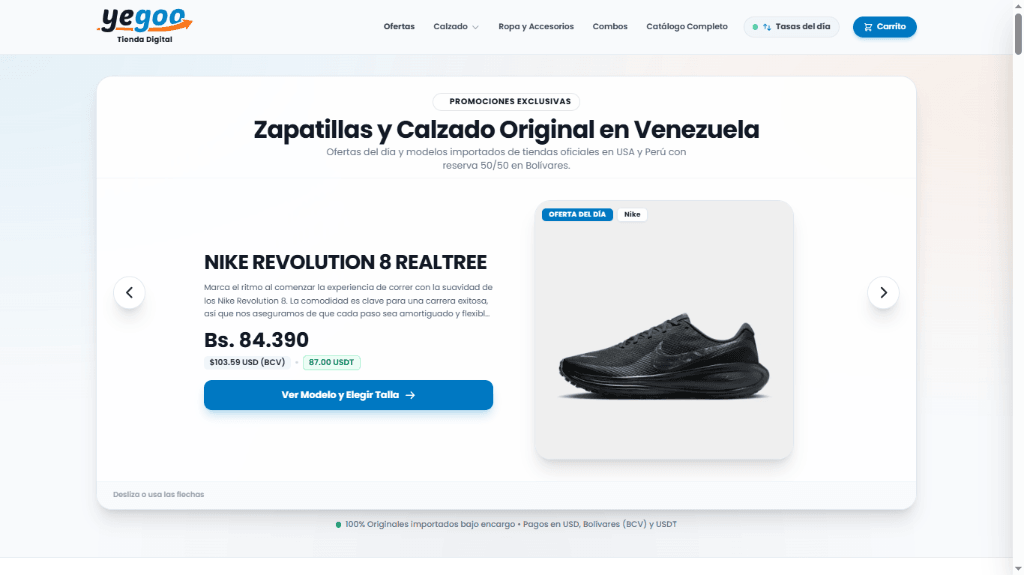 Yegoo Tienda Digital Hero - Zapatillas y calzado original en Venezuela con carrusel táctil de ofertas