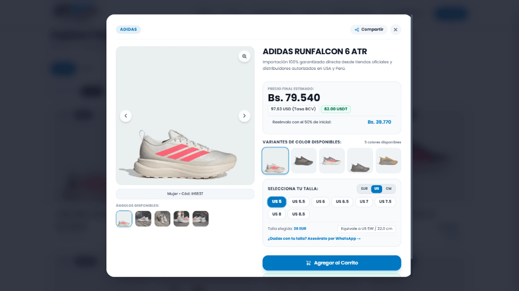 Yegoo Ficha de Producto - Selector de tallas EUR US CM con cálculo de equivalencias y visor de fotos con zoom
